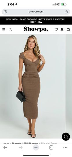 Showpo Midi Dress - Brown Ruched Stomach Area