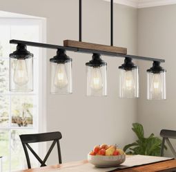 5-Light Black Rustic Pendant Light with Clear Glass Shades, Hanging Linear Farmhouse Chandelier