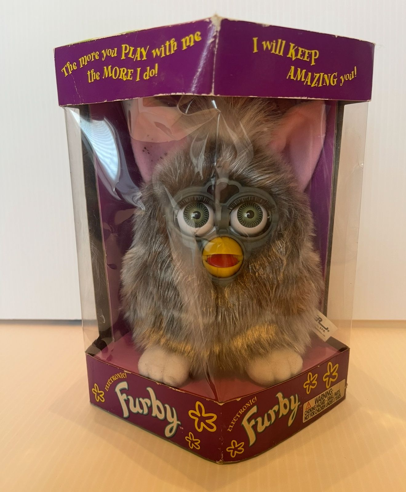 Vintage 1998 Furby Model #70-800 w/ original box grey with blue/green eyes