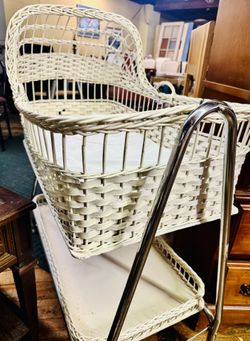 Old WHITE Antique Roll Wicker Bassinet Cradle W Padding and sheet. DECOR ONLY-