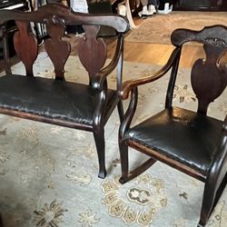 Antique Victorian-style Matching Solid Hardwood Black Leather Settee and Rocking Chair