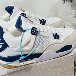 Air Jordan 4 “Midnight Navy” Retro Sneakers – White, Navy & Grey Classic Basketball Shoes