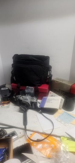 Canon AV-1 Silver 35mm Film Camera Bundle Case Film Flash x2 Lens