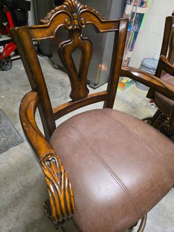 Ornate Wood Armchair with Leather Seat