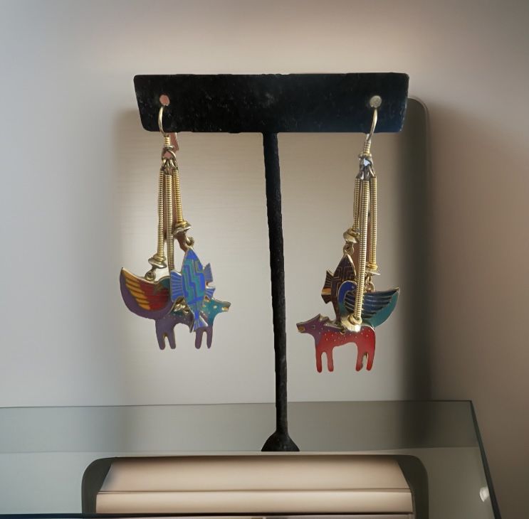 Vintage Laurel Burch Earrings Animal Fish Bird Trio Cloisonne