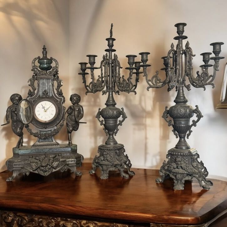 Antique Bronze Green Marble 3p Brevettato Mantel Clock Candelabra Set