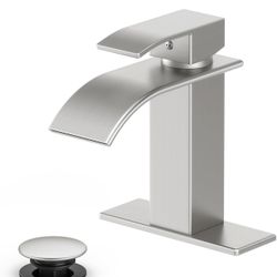 Bathroom Faucet Brushed Nickel Modern Waterfall Bathroom Sink Faucet with Single Handle Suitable for 1 or 3 Holes,Supply Deck Plate and Hose