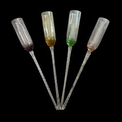 VNTG hand-blown Art Glassware champagne flutes featuring long, twisted glass stems  assorted colors, clear, purple, violet, green, amber & yellow   