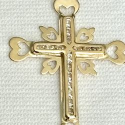 14K Solid Gold Cross Heart  , 16 Clear CZ Pendant