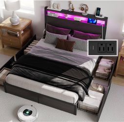 Queen Platform Bed Frame with LED Headboard and Storage Drawers