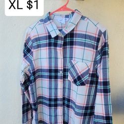 Checkered Blouse. Pink, Blue And White Shirt. Long Sleeve Collar Top. Button Up. Blusa