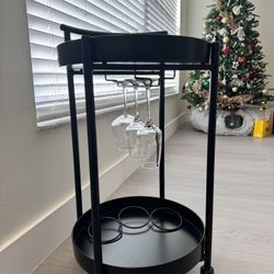 Black Metal Bar Cart w/ Wine Bottle Holders & Hanging Glass Rack