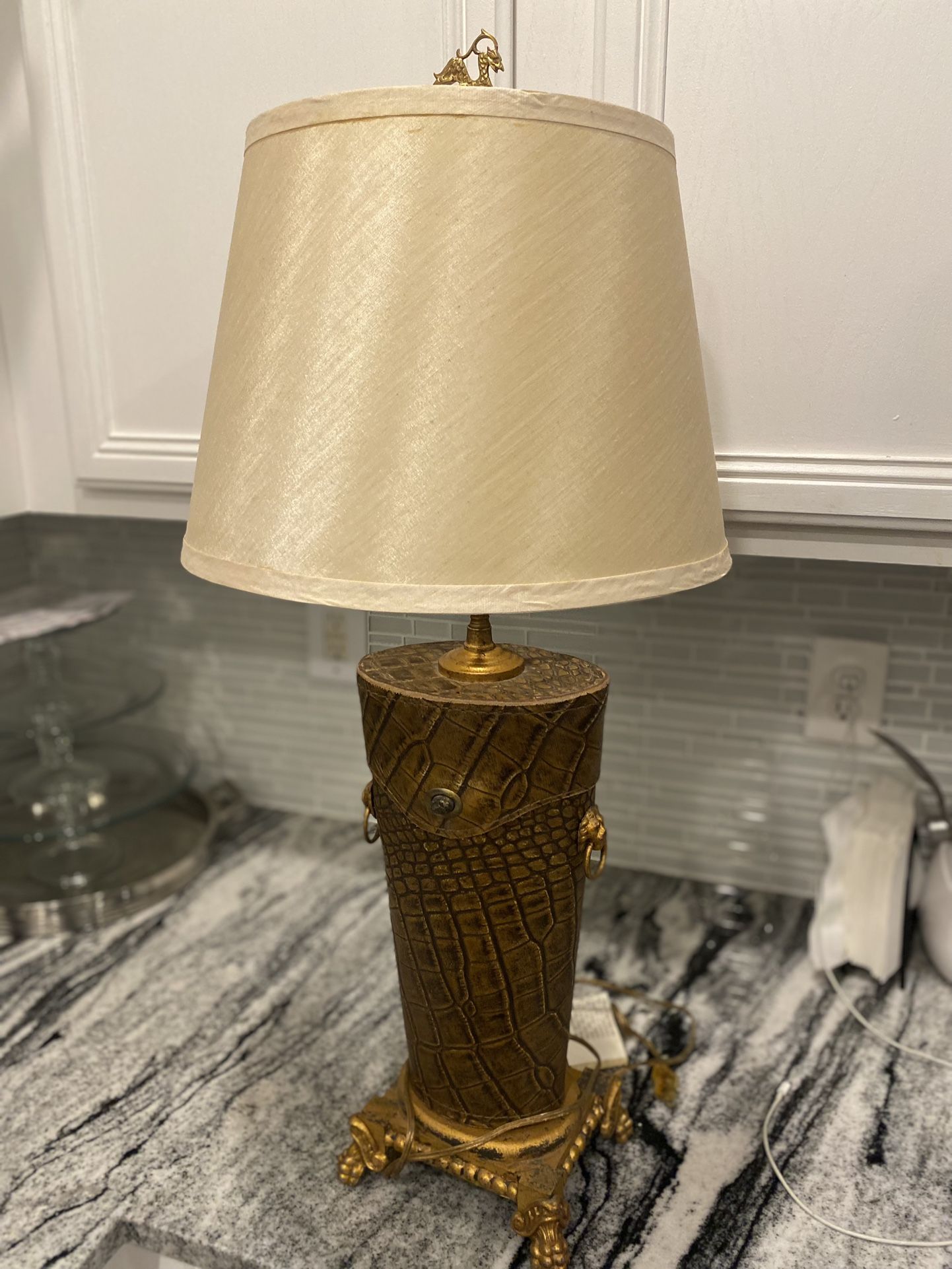 vintage antique leather lamp With Lion And Metal Figurine Details