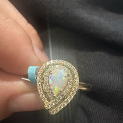 Pear-Shaped Opal Double Halo Gold Ring .925 Silver