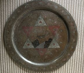 Vintage Moroccan Mixed-Metal Etched Brass Tray-Inlaid