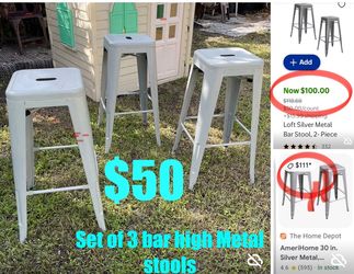 $50 Set of 3 Metal Bar stools gray color 30” high