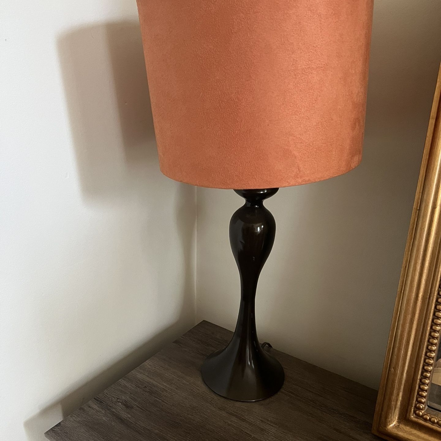 Orange Suede Like Lamp With Curved Metal Base