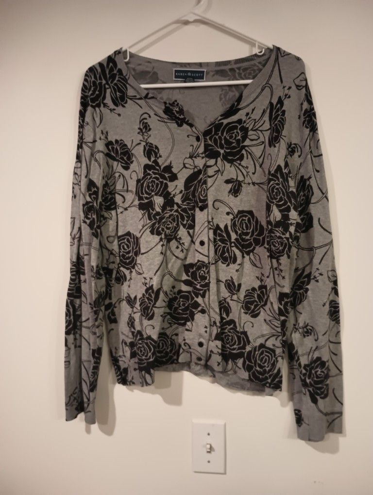 Karen Scott Women's Floral-Print Gray & Black Button-Up XL Cardigan
