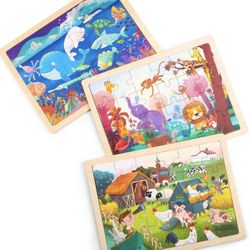 Wooden Jigsaw Puzzles for Kids Ages 3+, Activity Board for Boys and Girls, 24 pcs Each - 3 in 1 Set