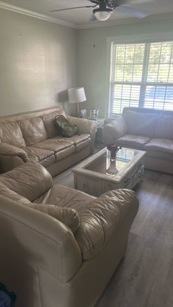 Beige Leather Living Room Sofa Set