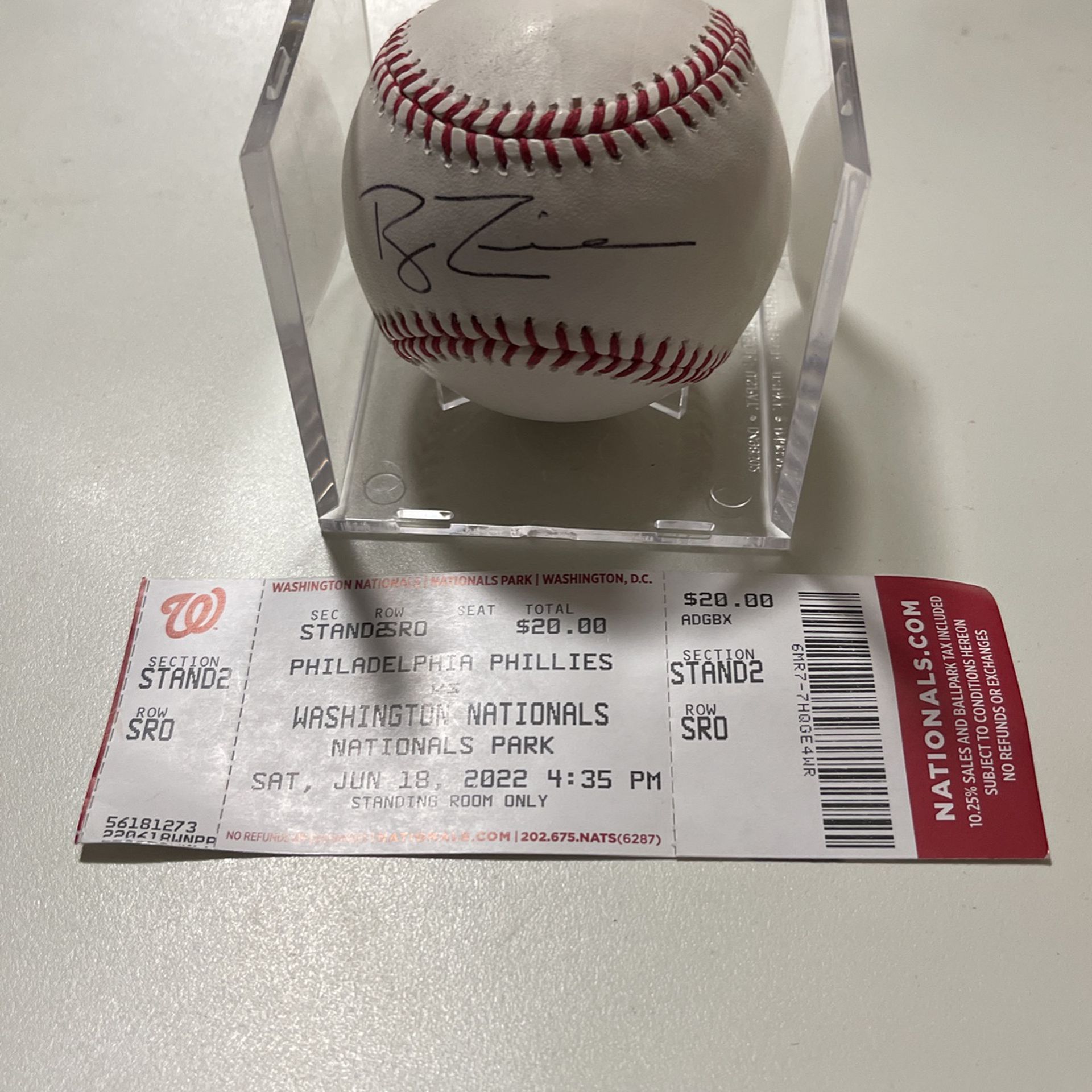 Ryan Zimmerman Autographed Major League Baseball Complete With Home Game Ticket From His Mr. National Retirement Ceremony 6/18/2022