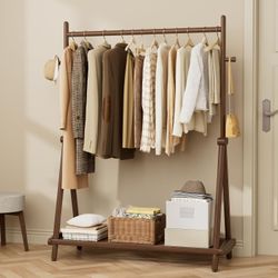 Solid Wood Clothes Rack with Wheels,Freestanding Garment Rack & Coat Tree,Extra-Long 42.5" Hanging Rod, Double Storage Shelves for Bedroom, Entryway, 