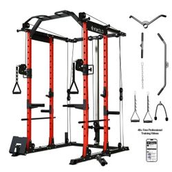 Mikolo Power Rack Cage, Weight Rack with Cable Crossover Machine,Multi-Function Squat Rack with J Hooks,Dip Bars and Landmine for Home Gym (Red)