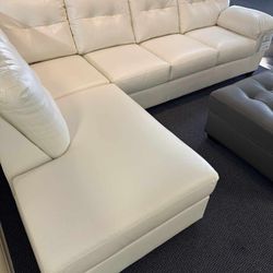 Donlen White L Shaped Sectional Sofa With Chaise and Ottoman 