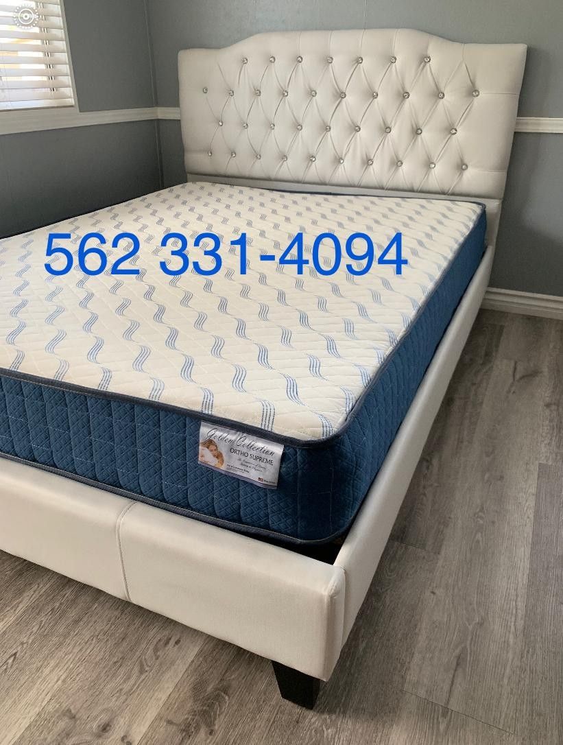 Queen white button tufted bed w. Supreme orthopedic mattress included