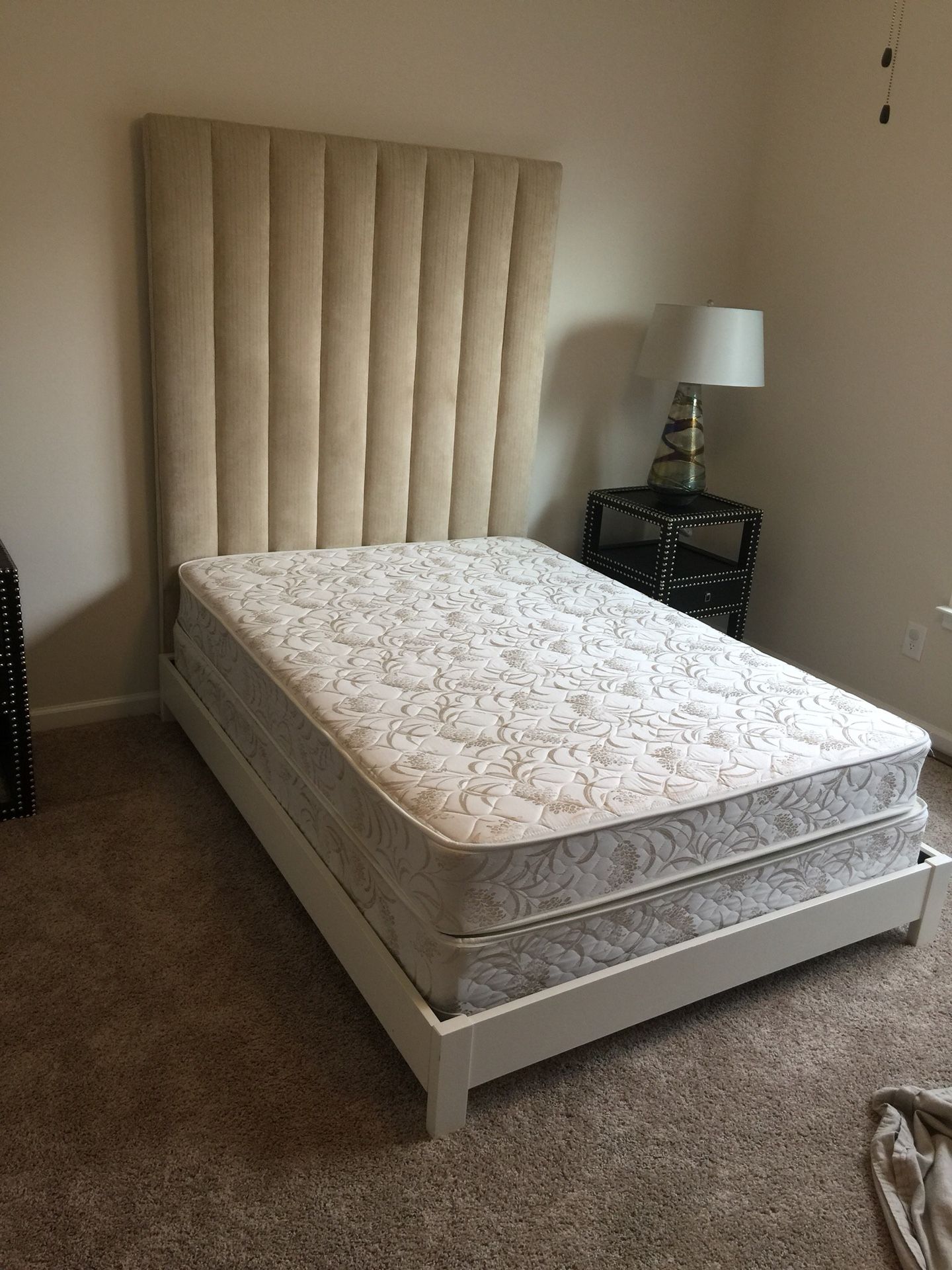 White and Gray floral mattress, Bed Frame and Upholstered Headboard