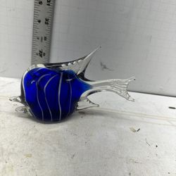 Fish Glass Art Figurine Cobalt Blue Stiped Paper Weight Collectable 6 Tall #01