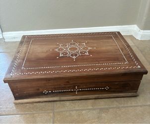 Vintage Indian Teak Storage Chest with Intricate Geometric Bone Inlay