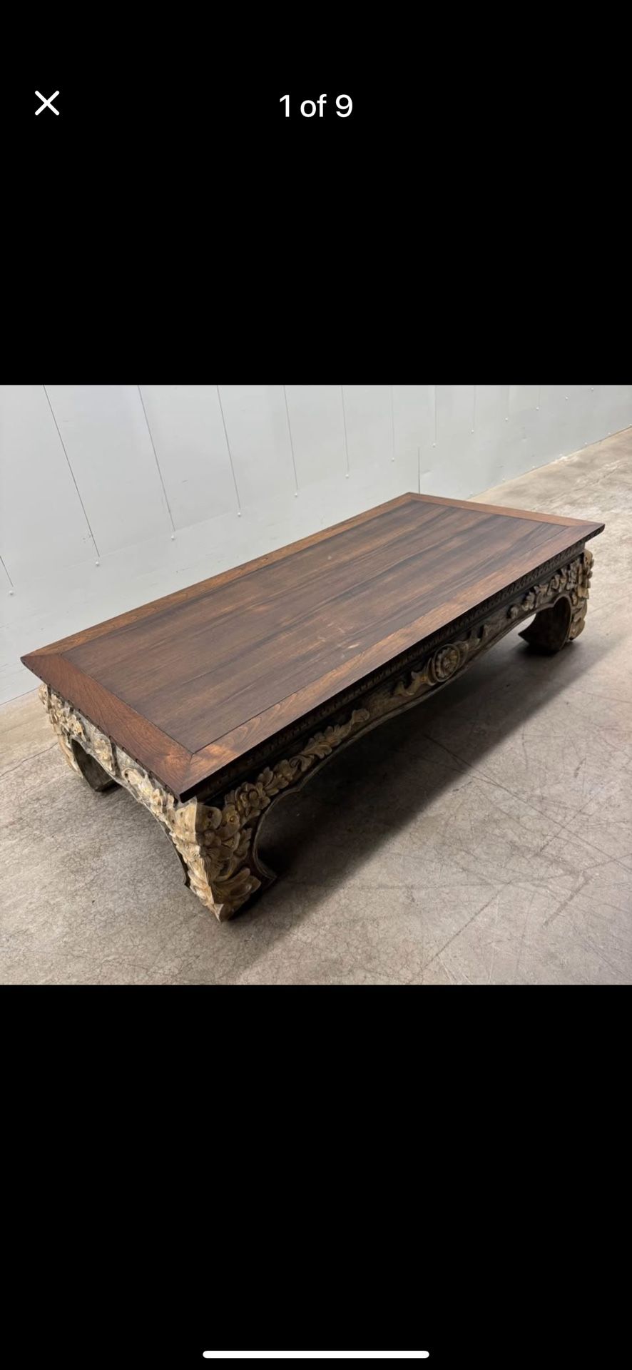 Hand-Carved Solid Wood Coffee Table, Floral Base, 59” – Excellent