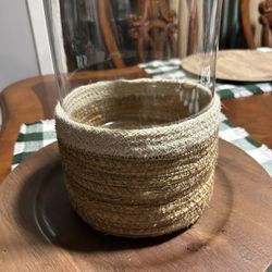 Glass container with woven base vase candle holder. Read description