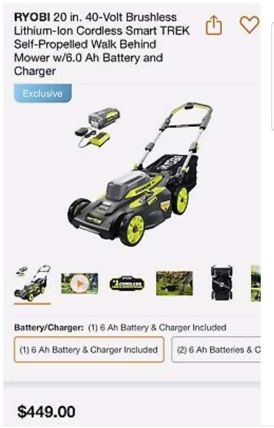 Ryobi 20" 40V Brushless Cordless Smart Trek Self-Propelled Walk Behind Mower