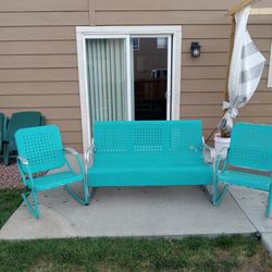 1950's Vintage Metal 3 Seat Glider Bench And 2 Rocker Chairs