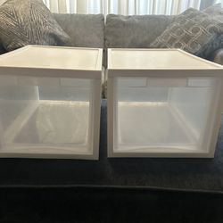 2 White clear Sterilite Plastic Stackable Storage organizing Container Bins w/Built-in Handles