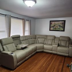 Beige Power Reclining Sectional Couch 