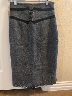 Gray Tweed Midi Pencil Skirt with Lace-Up Detail