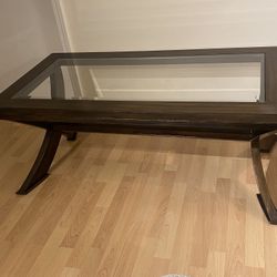 Wood Coffee Table With Glass Insert Top And Shelf