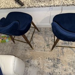 Set Of Two Modern Blue Velvet Bar Stools