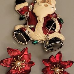 Santa Brooch  And Poinsettia EARRINGS 