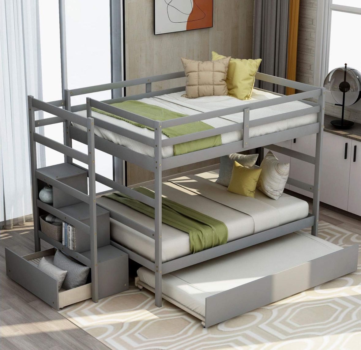 Gray Full Over Full Bunk Bed w/ Staircase & Trundle  [NEW IN BOX] **Retails for $990 ^Assembly Required^ 