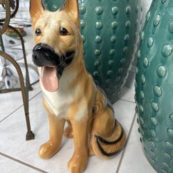 Wonderful 16.5” Tall Ceramic Statue Of A German Shepherd.  For Floor Or Table. Great With MCM, Vintage & Antique Decor!