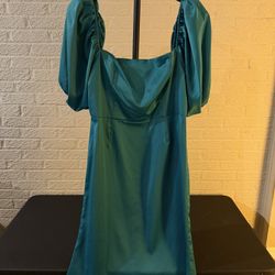 Boohoo Puffy Sleeves Midi Dress Green Satin Size 12