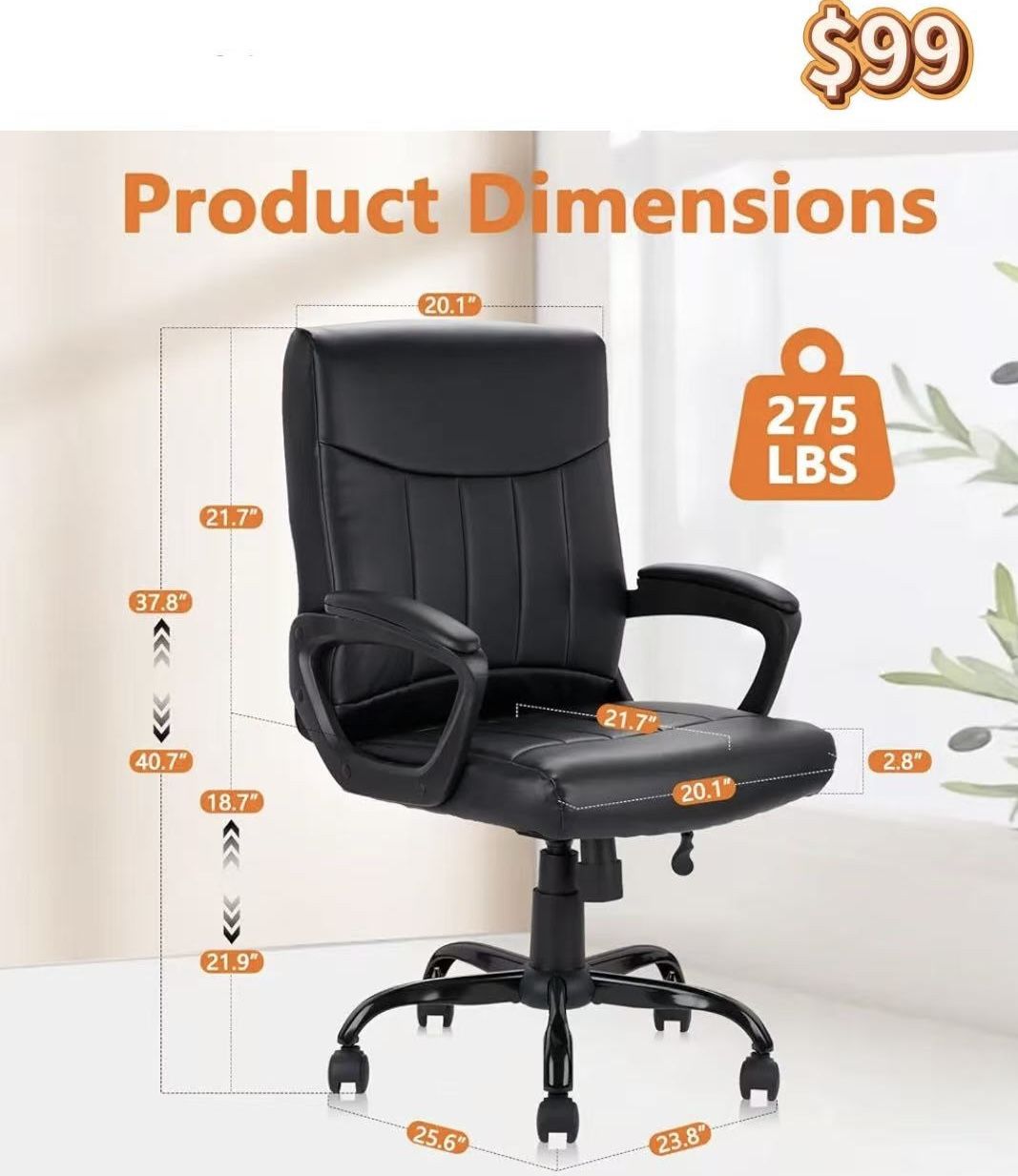 ✌️ 2Pcs CLATINA Mid Back Leather Office Executive Chair with Lumbar Support and Padded Armrestes Swivel Adjustable Ergonomic Design for Home Computer