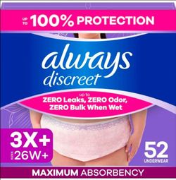 Adult Diapers Women Maximum Absorbency Size 3X+ 52 Count Always Discreet Leak