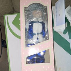 Cloth Baby Doll Light Complexion Black Curly Hair Blue & White Outfit in Box
