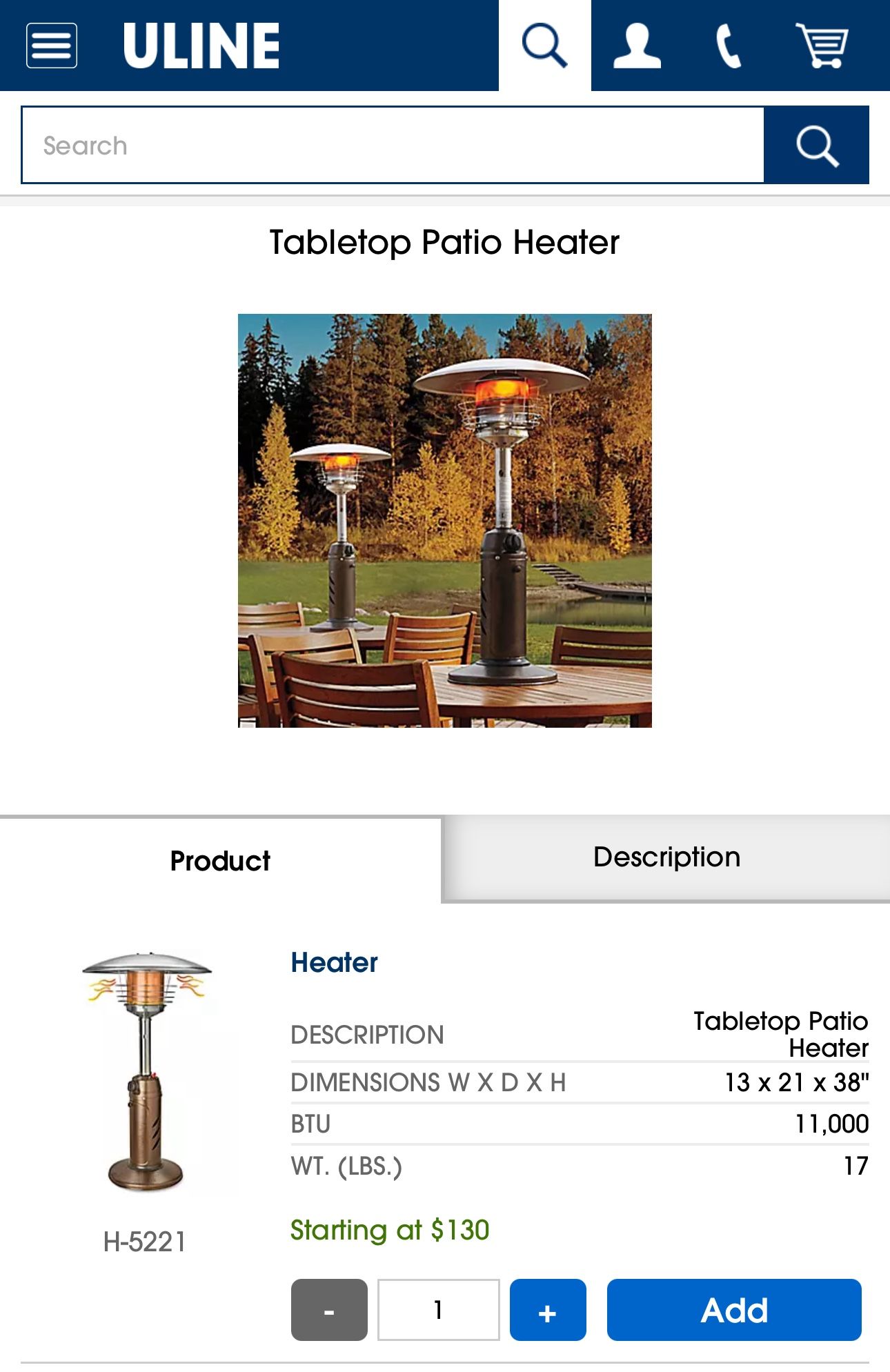 Uline Tabletop Gas Patio Heater *NEW*