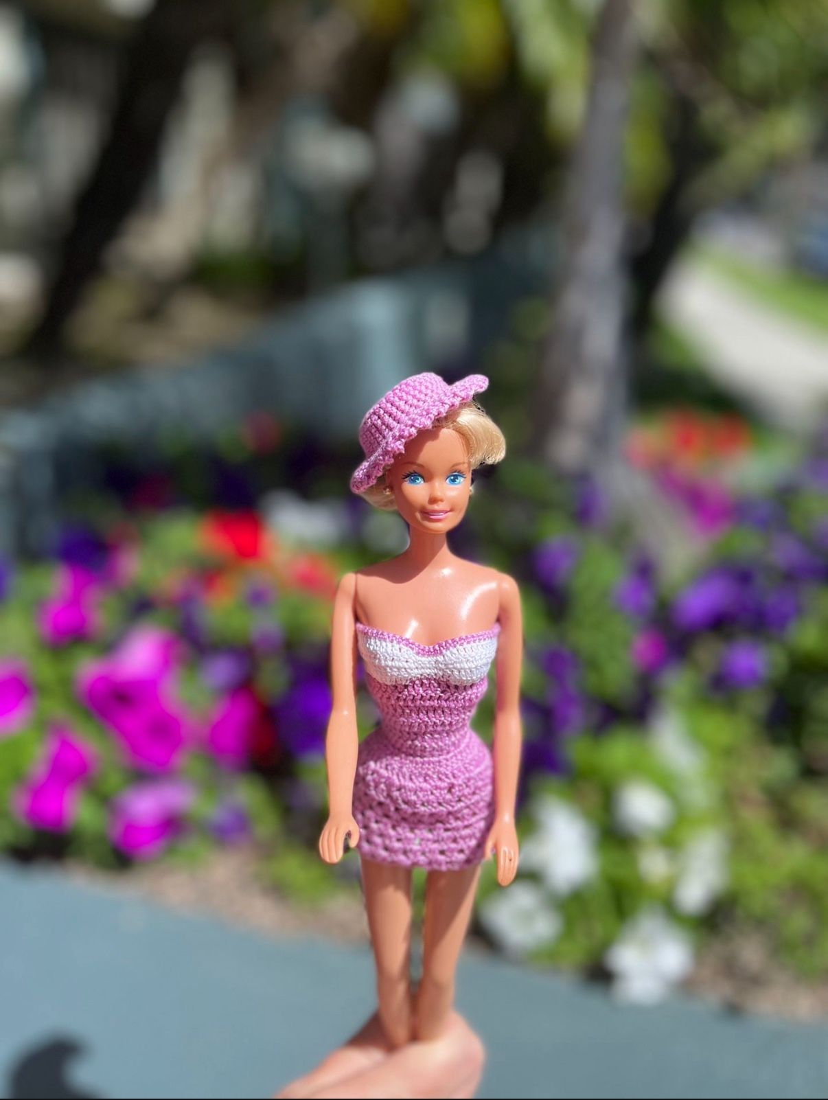 Crocheted Purple Mini Dress & Hat for Barbie – Handmade – New